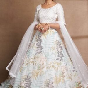 Semi Stitched White Organza Digital Printed and Sequence Work Lehenga Choli