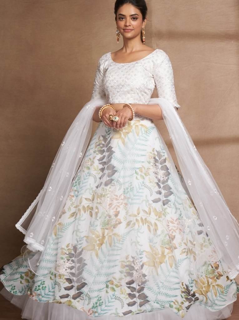 semi stitched white organza di 1712921315 Semi Stitched White Organza Digital Printed and Sequence Work Lehenga Choli