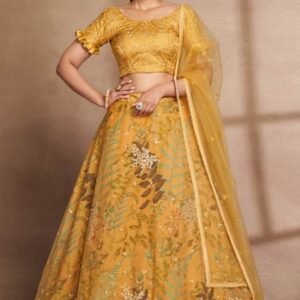 Semi Stitched Yellow Organza Digital Printed and Sequence Work Lehenga Choli