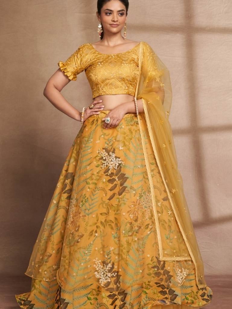 semi stitched yellow organza d 1712922228 Semi Stitched Yellow Organza Digital Printed and Sequence Work Lehenga Choli