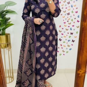 Sequence Work Cotton Kurti Pant Dupatta Set In Sanganeri Print