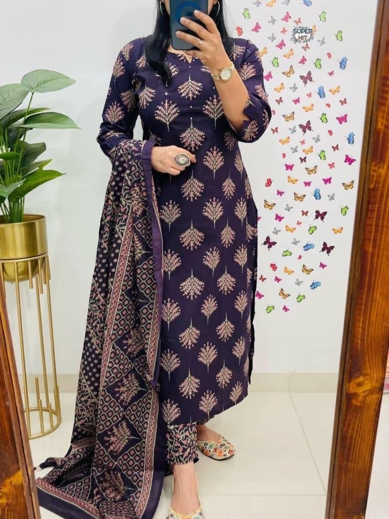 sequence work cotton kurti pan 1749019107 Sequence Work Cotton Kurti Pant Dupatta Set In Sanganeri Print