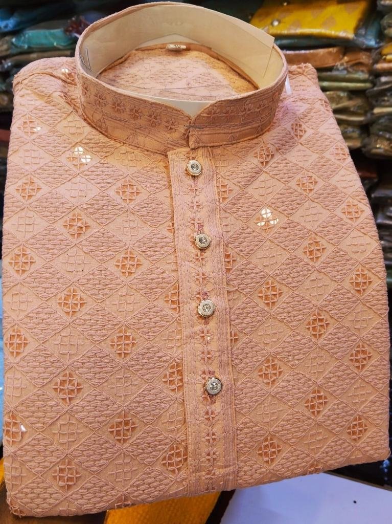 sequence work rayon peach kurt 1729339219 Sequence Work Rayon Peach Kurta And Pyjama