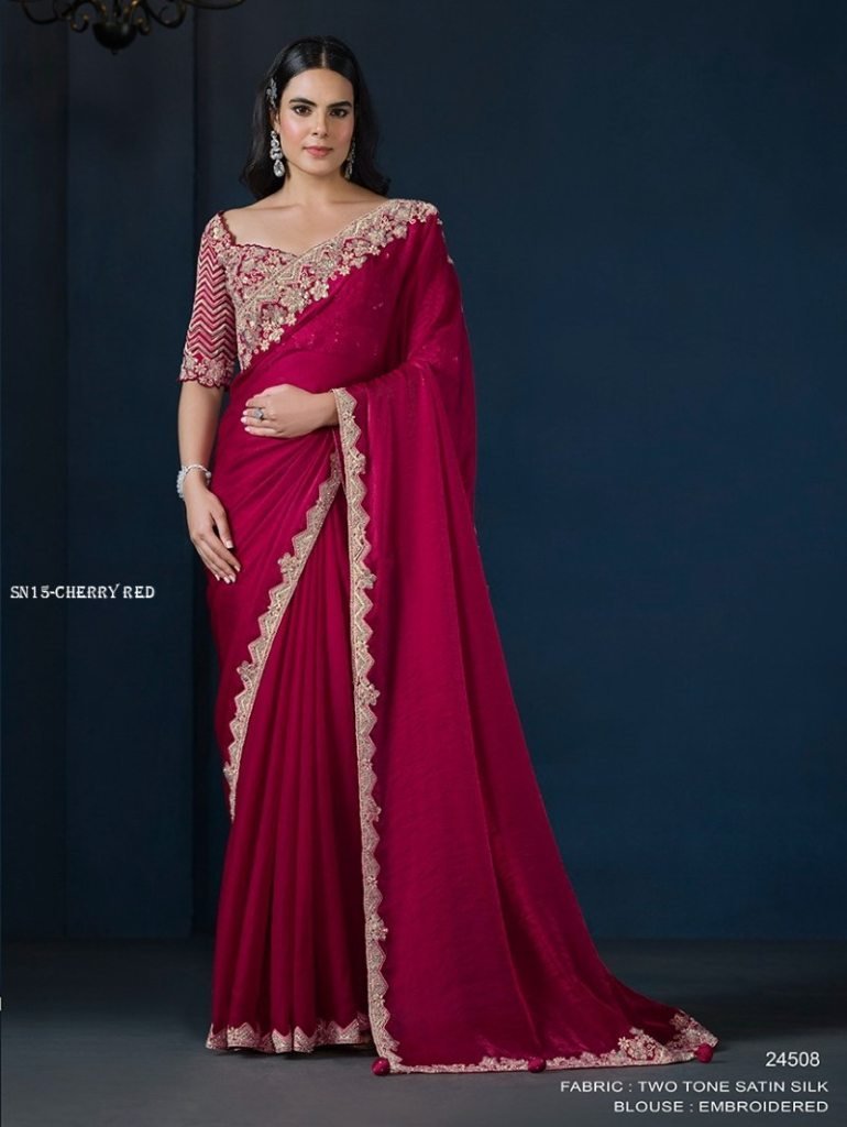 sequins with pure handwork che 1748438013 Sequins With Pure Handwork Cherry Red saree