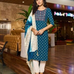 Shanaya By Blue Hill Brand Fancy Neck Embroidery Work Rayon Three Piece Set