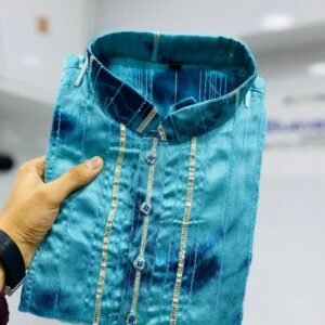 Shibori Patterned Silk Rama Color Kurta with Crochet Design