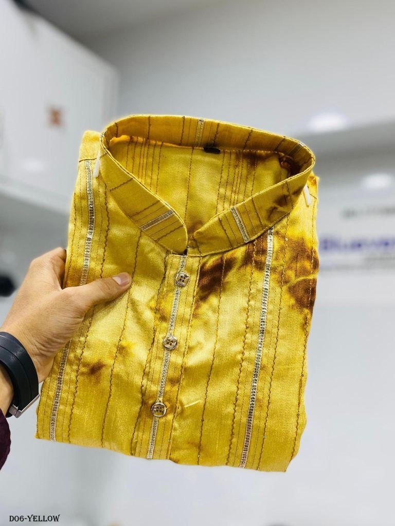 shibori patterned silk yellow 1717665819 Shibori Patterned Silk Yellow Color Kurta with Crochet Design