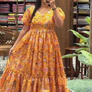 Short Puff Sleeves Kota Chex Orange Midi Dress