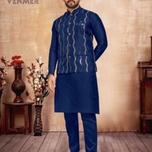 Silk Blue Kurta And Pyjama With Koti
