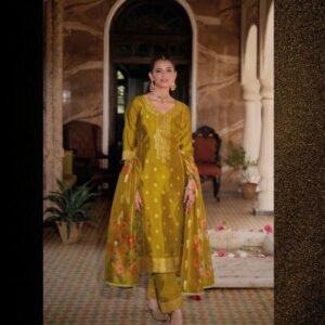 Silkyness 3 Musterd Branded And Gorgeous Handwork Organza Jacquard Kurtis Set