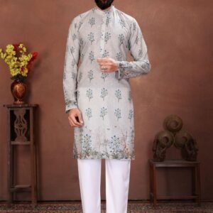Silver Grey Floral Elegance Printed Mens Kurta
