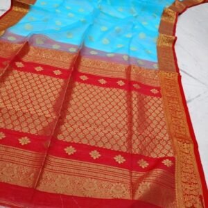 Sky Blue And Red Wedding Pure Muslin Banarasi Saree