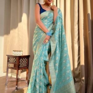Sky Blue Banarsi Soft Silk Saree With Unstich Blouse