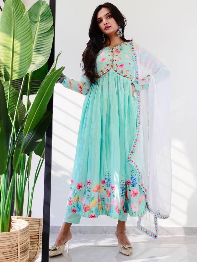 sky blue beautiful alia cut ku 1728477964 Sky Blue Beautiful Alia Cut Kurti Pant Set