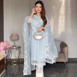 Sky Blue Beautiful Embroidery Work Party Wear Three Peach Suits