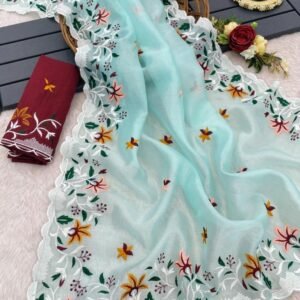 Sky Blue Beautiful Heavy Embroidery Work Khadi Organza Silk Saree