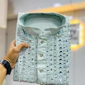Sky Blue Color Classic real mirror work mens kurta by fab funda