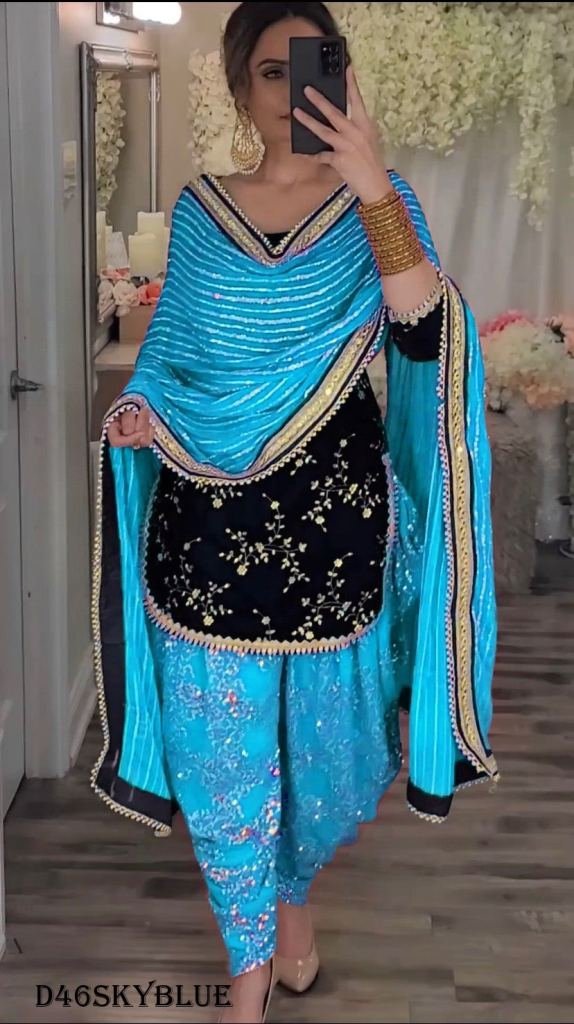 sky blue designer embroidered 1719570836 Sky blue Designer Embroidered Georgette Readymade Patiyala Salwar Suit