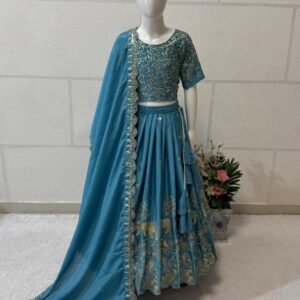Sky Blue Embroidery Work Chinon Silk Kids Lehenga