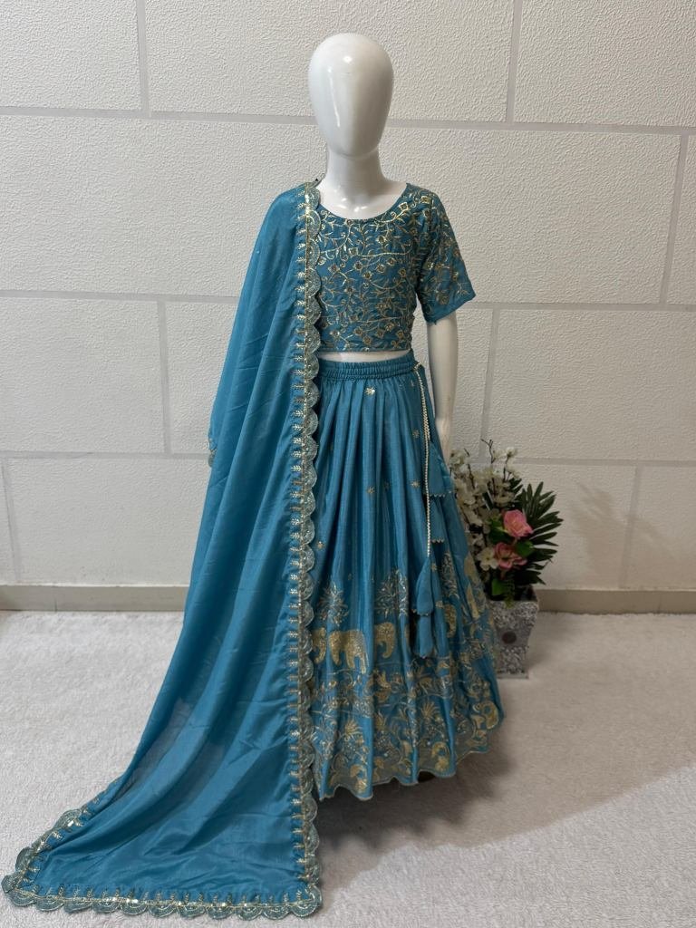 sky blue embroidery work chino 1735988721 Sky Blue Embroidery Work Chinon Silk Kids Lehenga