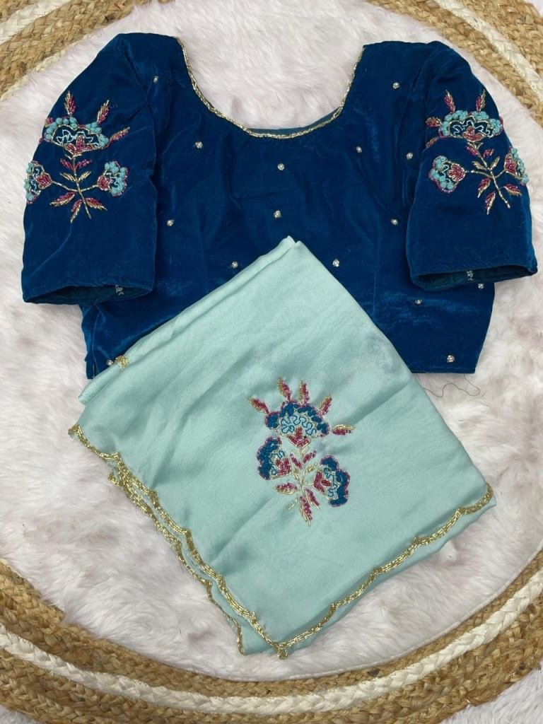 sky blue exclusive bollywood t 1728724839 Sky Blue Exclusive Bollywood Two Ton Rangoli Silk Saree With Readymade Blouse