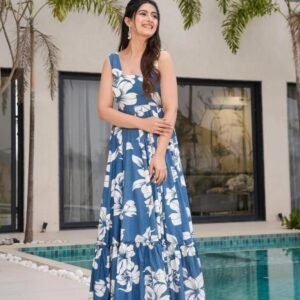 Sky Blue Floral Printed Western One Piece Dress