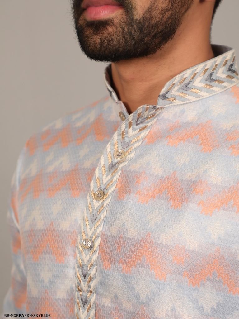 sky blue morpankh soft j card 1717140107 Sky Blue Morpankh Soft J Card Men kurta with Payjama