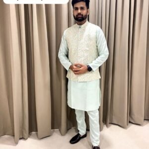 Navratri Pista Color Kurta Pyjama With Jacket For Men