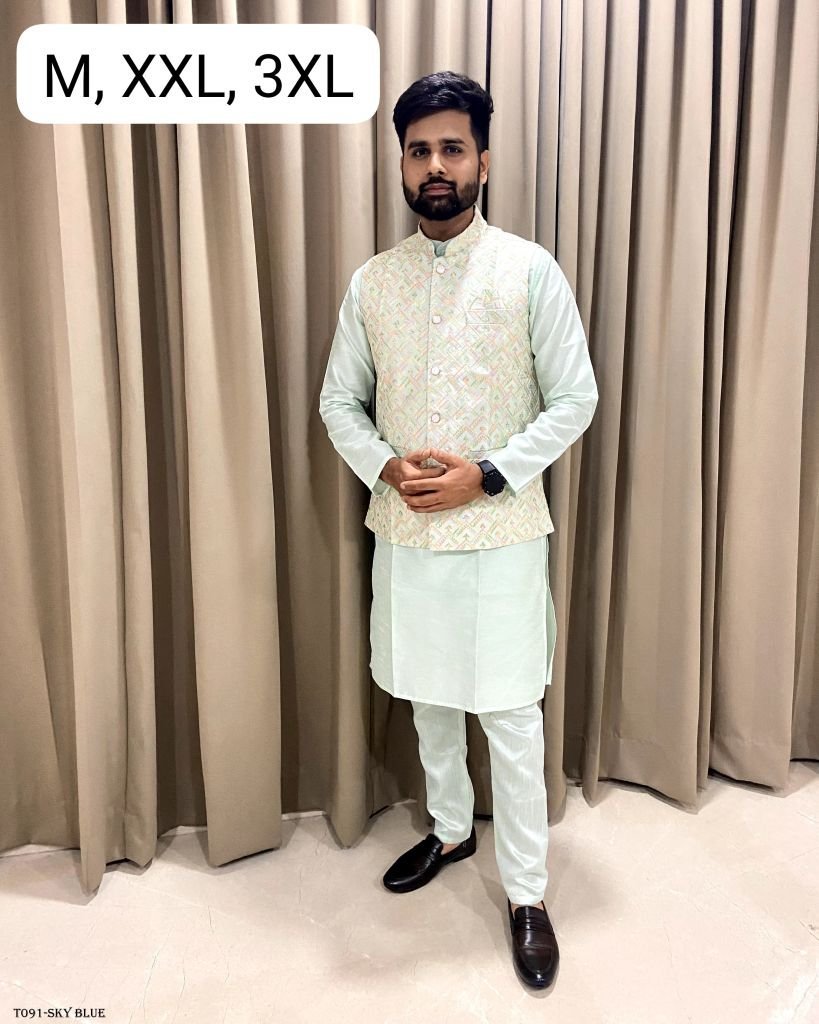 sky blue navratri kurta pyjama 1718697023 Navratri Pista Color Kurta Pyjama With Jacket For Men