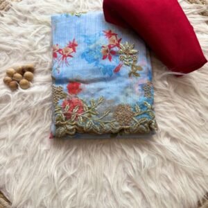 Sky Blue Organza Silk Floral Print Saree With Plain Blouse