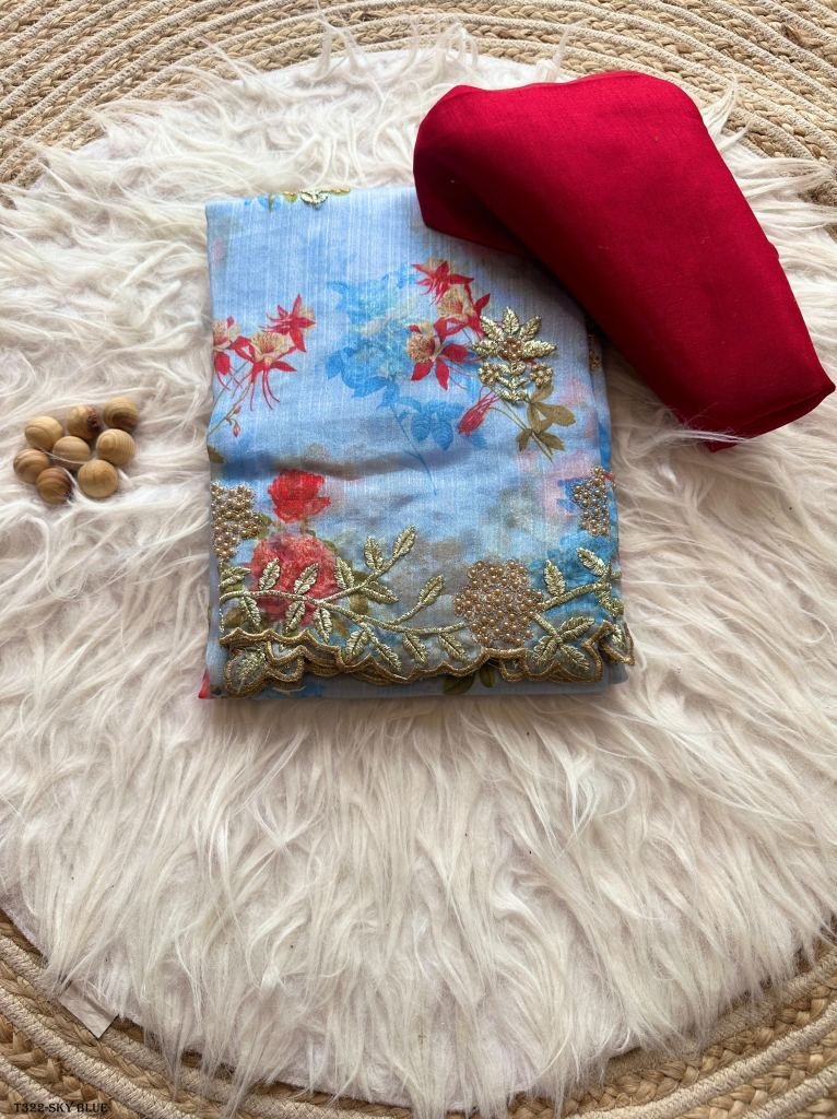 sky blue organza silk floral p 1723712368 Sky Blue Organza Silk Floral Print Saree With Plain Blouse