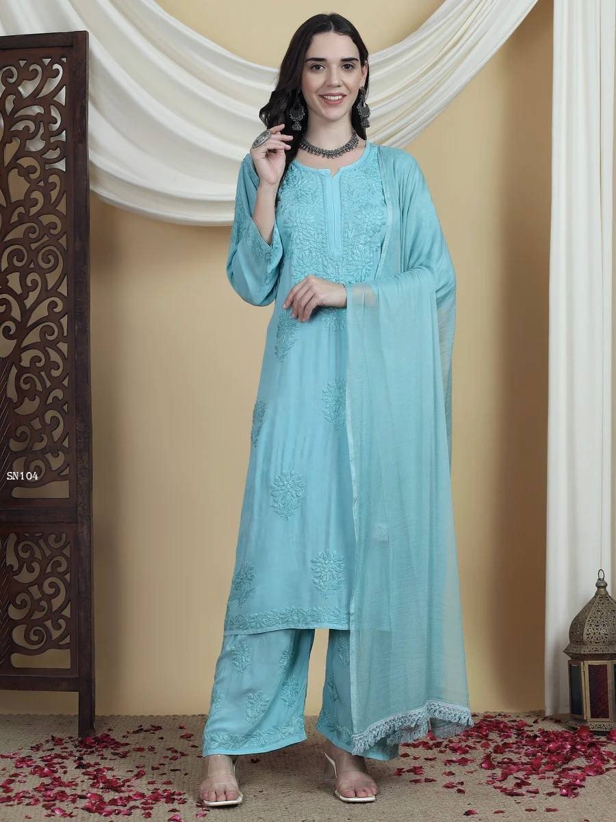 sky blue rayon embroidered kur 1778050268 Sky Blue Rayon Embroidered Kurta Palazzo Set with Dupatta for Women