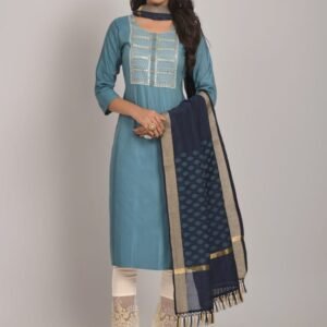 Sky Blue Viscose Rayon Gray Kurti Pant With Dupatta Set