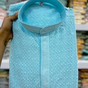 Sky Color Chikan Work Rayon Kurta Pyjama