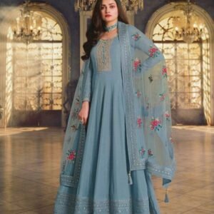 Sky Color Dola Silk Long Anarkali Salwar Suit