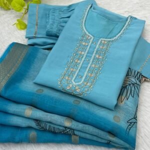 Sky Fancy Neck Handwork Work Roman Silk Kurtis Set With Dupatta