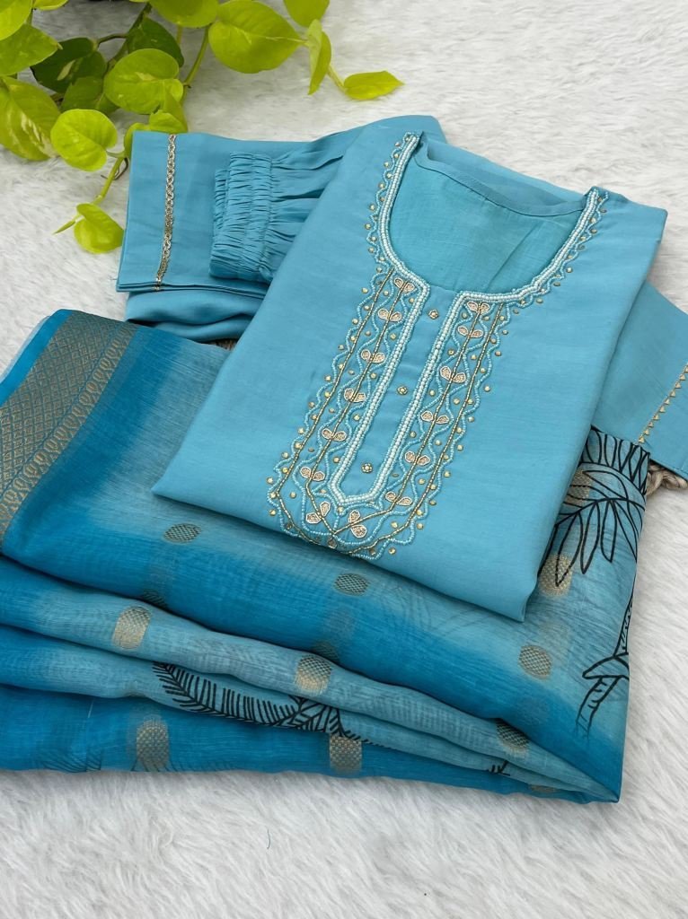 sky fancy neck handwork work r 1728463382 Sky Fancy Neck Handwork Work Roman Silk Kurtis Set With Dupatta