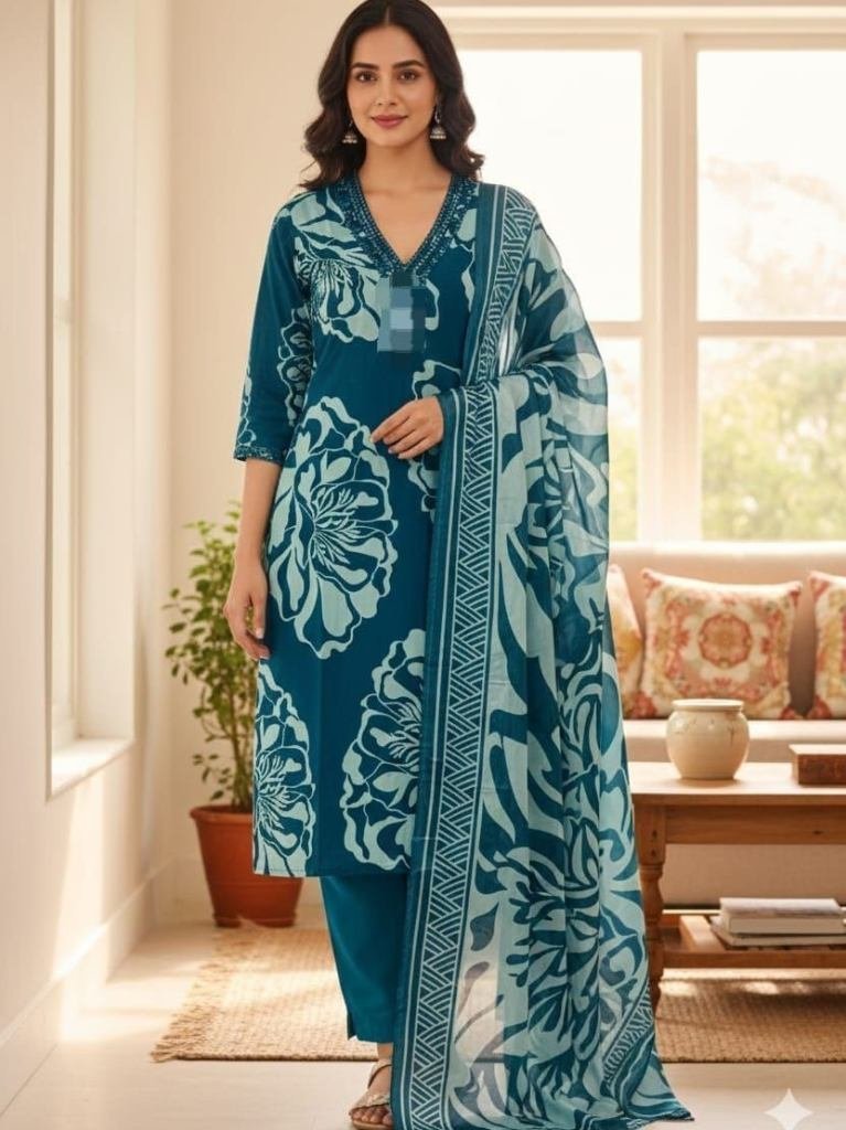 slub cotton fabric rama colour 1767345835 Slub Cotton Fabric Rama Colour Kurti Pant Dupatta Set