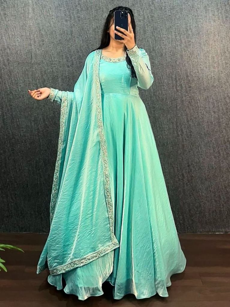 smooth and shining fendy silk 1747117036 Smooth And Shining Fendy Silk Work Neck Gown With Dupatta