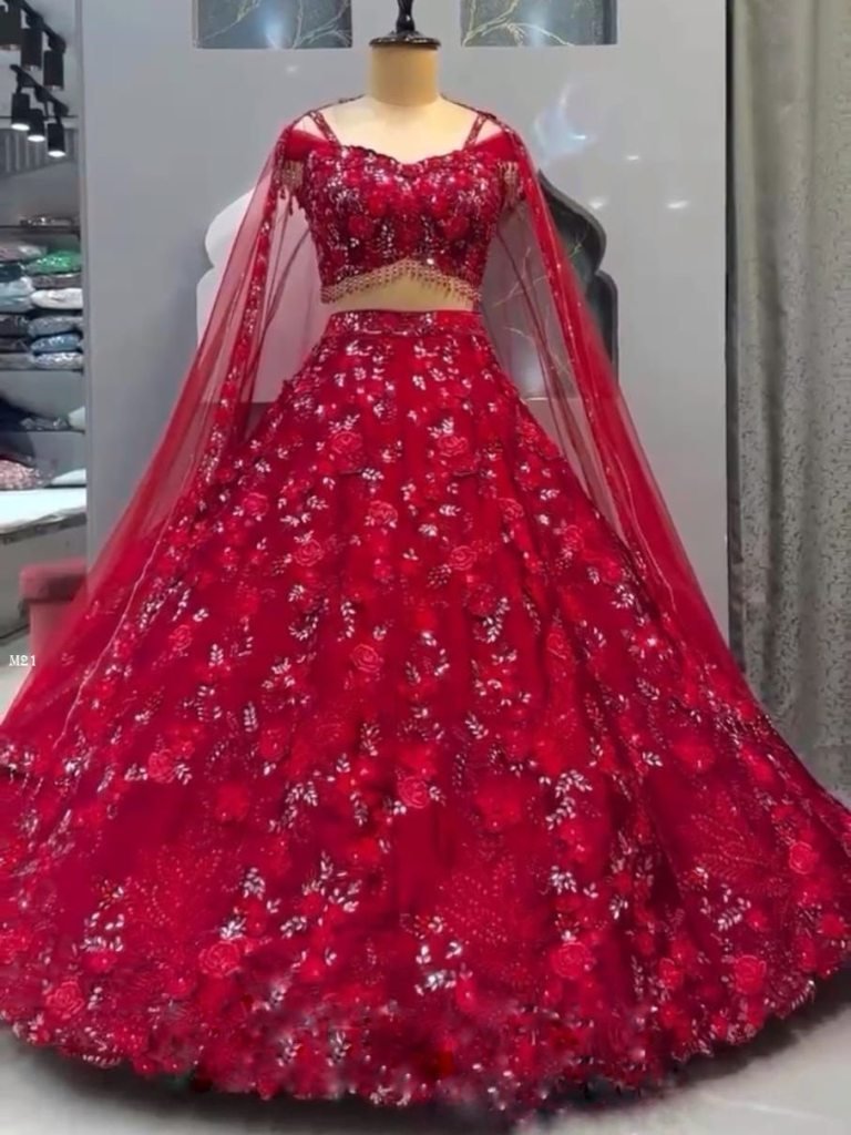 soft butterfly net with sequin 1742553137 Soft Butterfly Net With Sequence Work Red Designers Lehenga