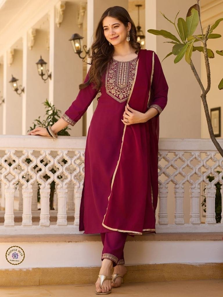 soft rayon marooon kurti pant 1748861385 Soft Rayon Marooon Kurti Pant Dupatta Set