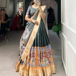 Solid Green Kalamkari Printed Dola Silk Lehenga Choli