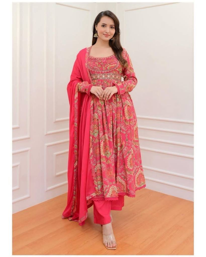 soothing georgette pink anarka 1712834772 Soothing Georgette Pink Anarkali Mirror Work Suit