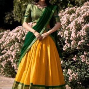 South Indian Haldi Wear Yellow Half lehenga With Green Dupatta