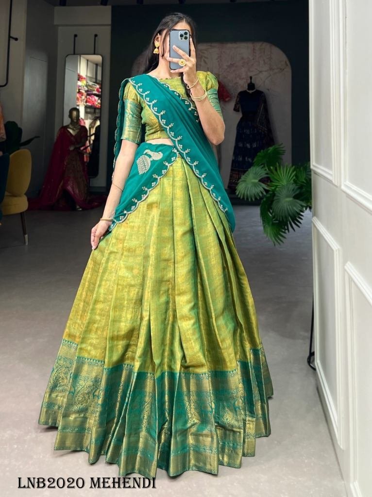 south indian kanjivaram silk m 1716976542 South Indian Kanjivaram Silk Mehendi Colour Lehenga