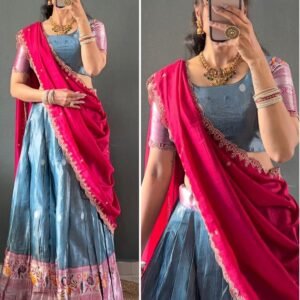 South Indian Style Gray Colour Lehenga Choli Dupatta Set