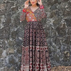 Special For Navratri Rayon Printed With Mirror Work Gown