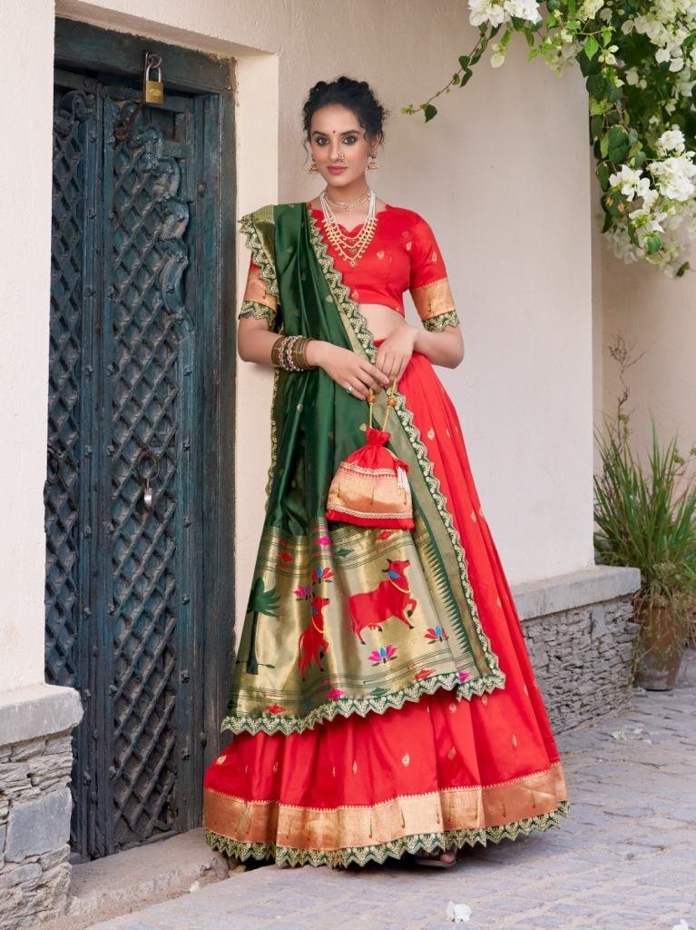 srividya jacquard silk paithan 1748758033 Srividya Jacquard Silk Paithani Red Lehenga Choli
