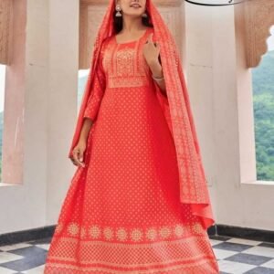 Studio Vol 1 Dark Peach Foil Printed Rayon Kurtis With Dupatta