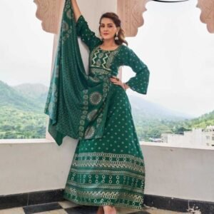 Studio Vol 1 Green Foil Printed Rayon Kurtis With Dupatta